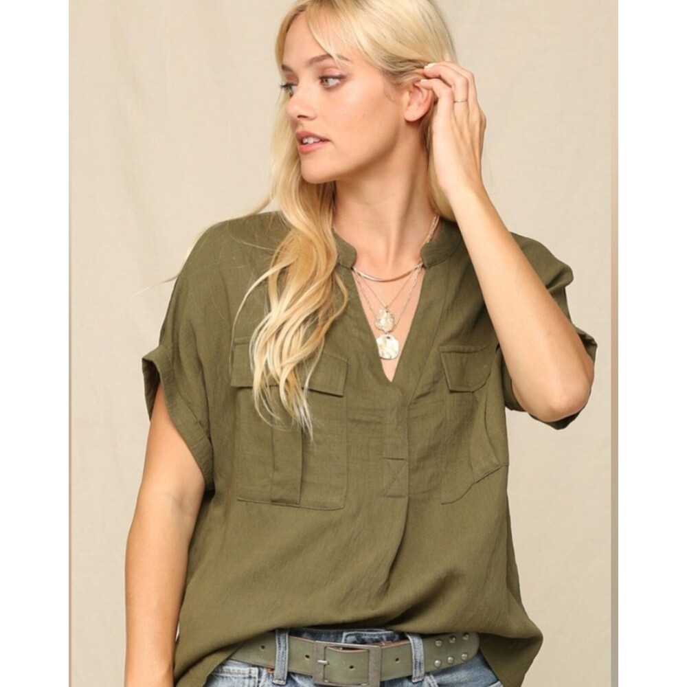 Kyemi Flap Front Pocked Rolled Dolman Sleeve Top